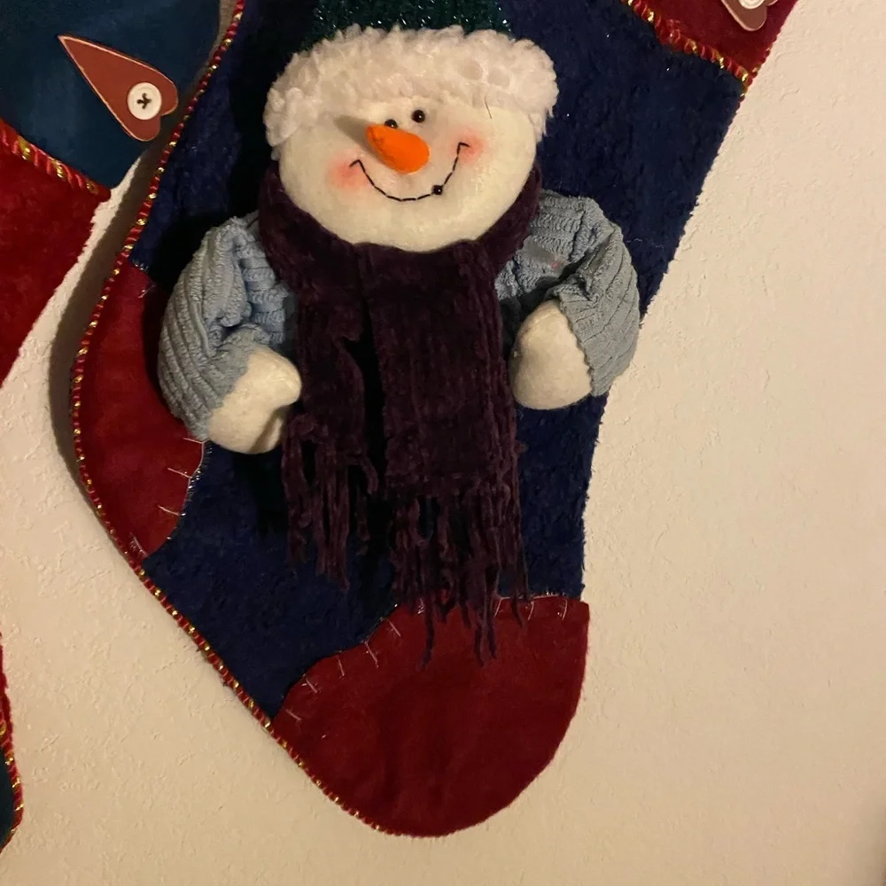 2 Christmas Plush 3D Patchwork Holiday Stockings Snowman and Reindeer 18”x 10”